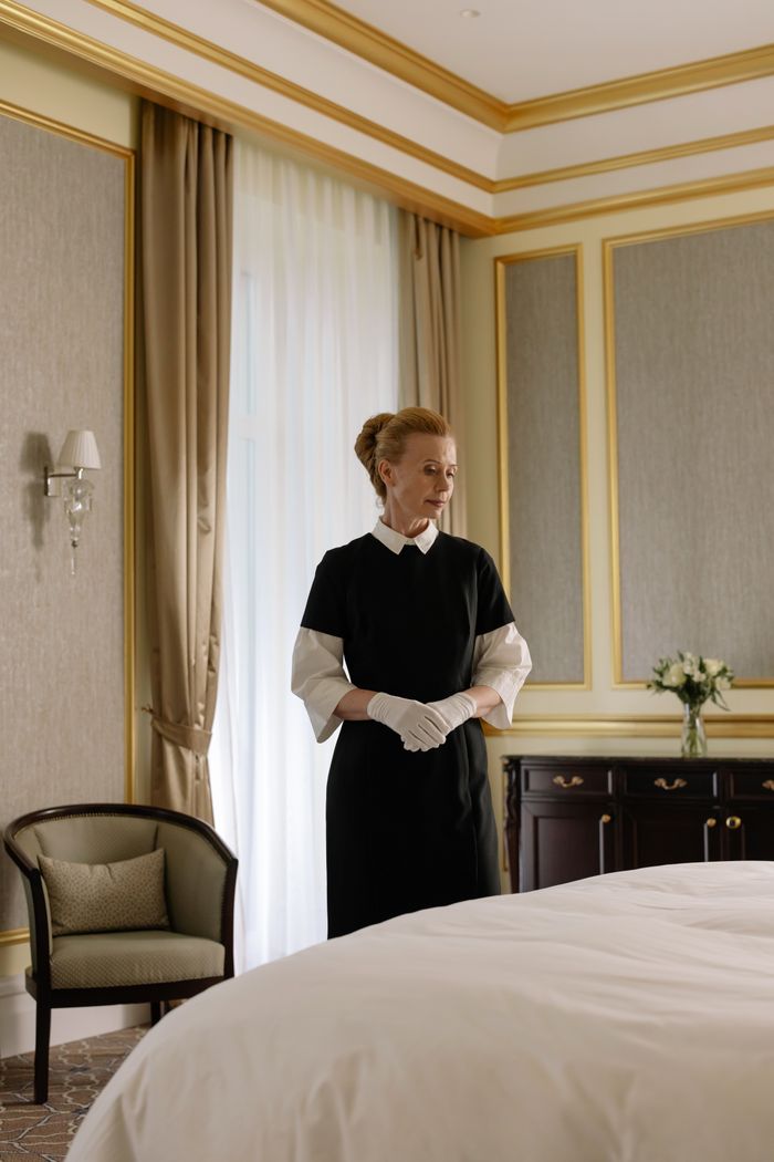 services-03 Professional housekeeper in an elegant hotel room with luxurious decor and furnishings.